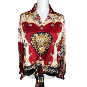 Soho New York & Co. Red Gold Front Tie Whimsigoth Artsy Career Women's Top Sz M